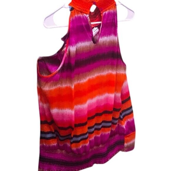 Ashley Stewart Sleeveless Ruffle Halter Blouse In Pink Orange Ikat Stripe Print - Picture 6 of 7